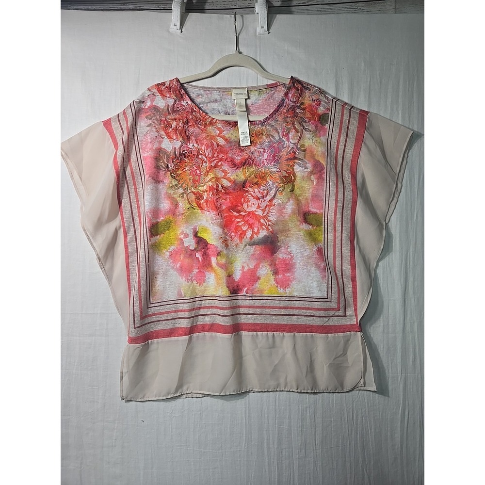 Chico's Floral‎ Print Poncho Top Brown Women's 1 (M/8) Blouse Sheer Trim Boho